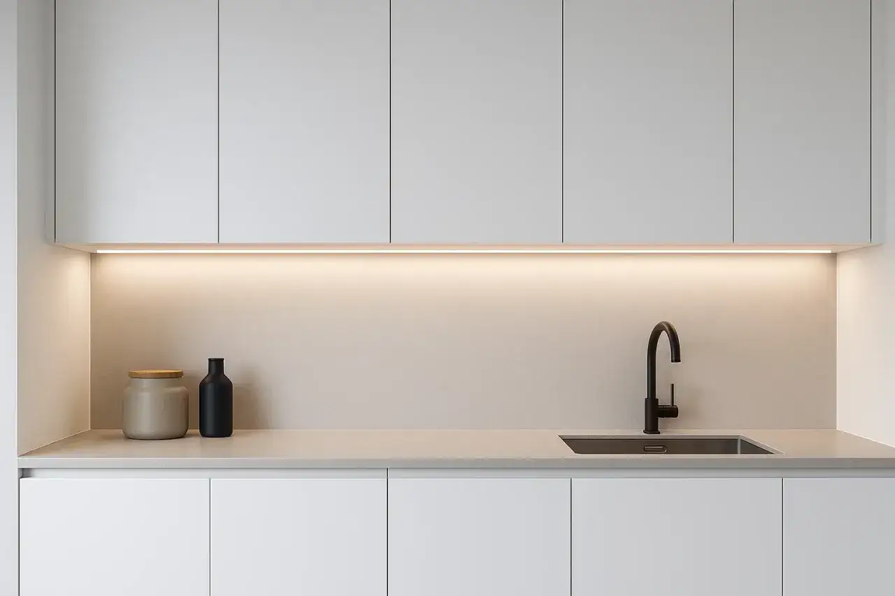 Nowoczesna kuchnia z minimalistycznymi szafkami i dyskretnym montażem oświetlenia LED, podkreślającym blat i backsplash.