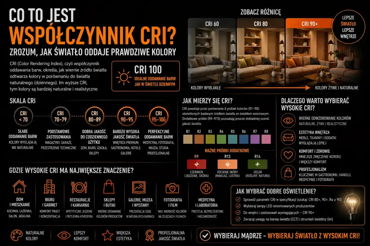 Wnętrza z CRI 80-89 oferują dobrą jakość światła do codziennego użytku, a CRI 90+ zapewnia perfekcyjne oddawanie barw, idealne do profesjonalnych zastosowań.