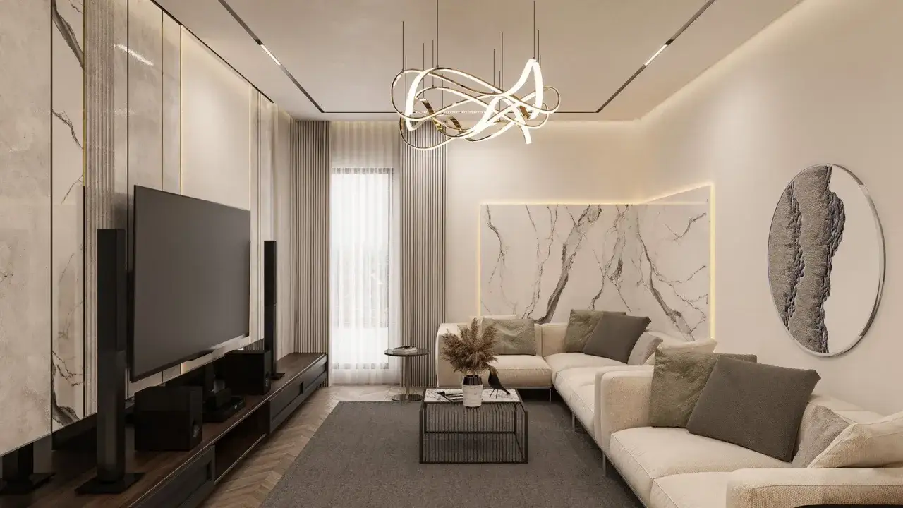 Nowoczesny salon z wygodną kanapą, telewizorem i designerską lampą. Ciepłe światło RGB tworzy przytulną atmosferę.