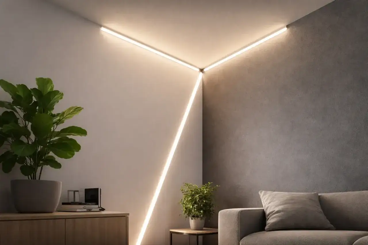 Nowoczesne oświetlenie LED tworzy geometryczne linie na ścianie i suficie, pokazując jak łączenie taśmy led pod kątem 90 stopni może odmienić wnętrze.